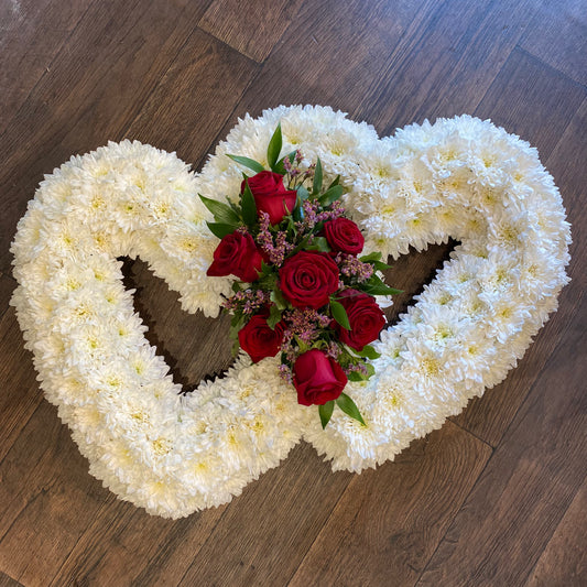 Heart Shaped Funeral Arrangement using White Chrysanthemums and Red Roses