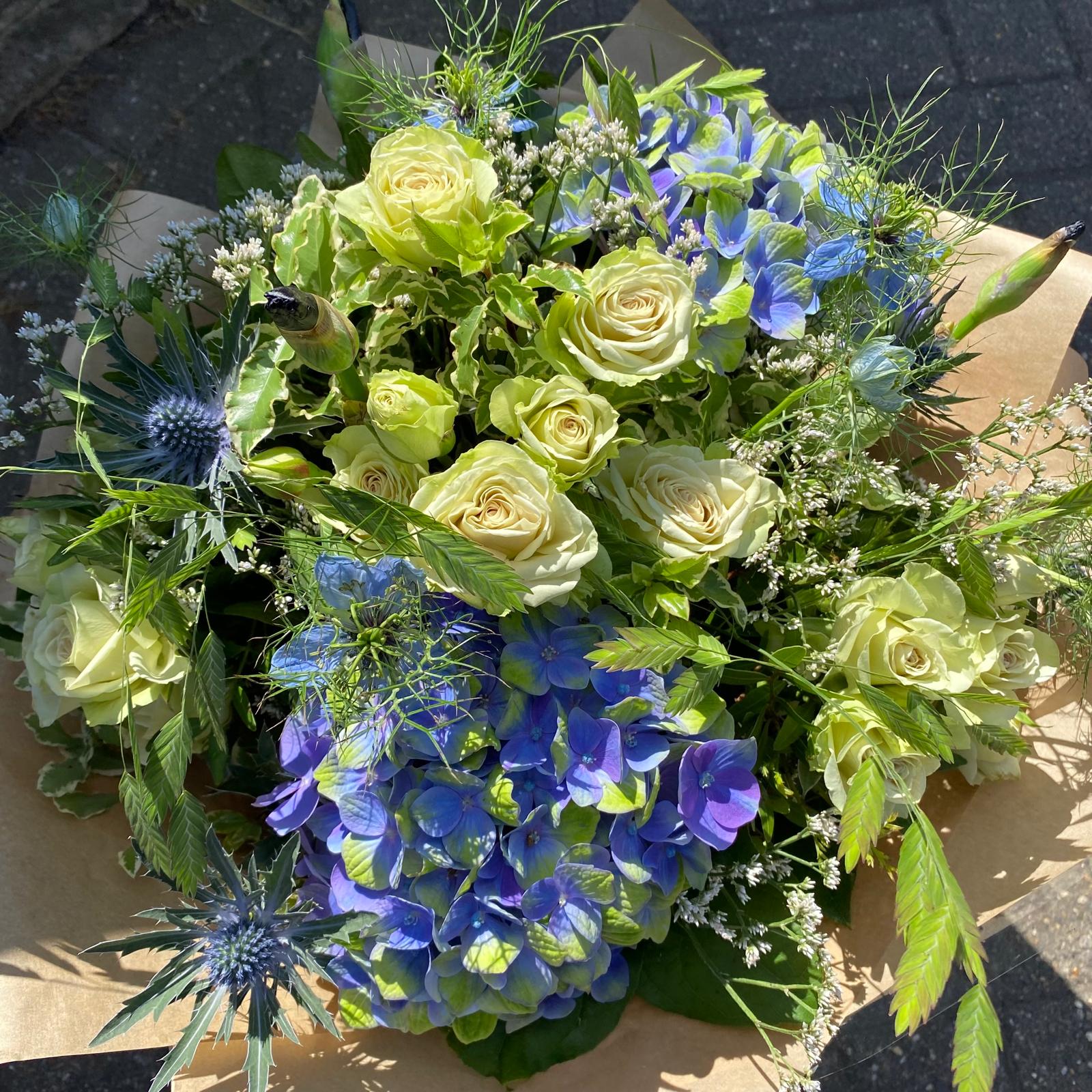 blue bouquet with roses